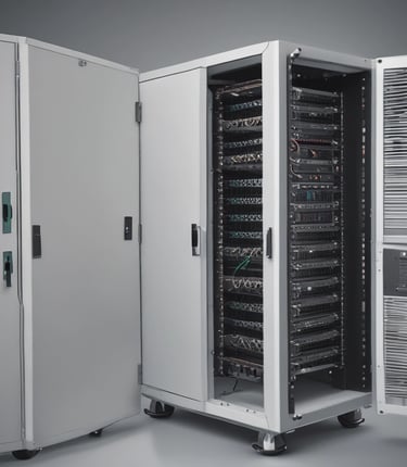 A senior IT consultant working attentively in a sleek, dark-mode server room surrounded by network equipment.
