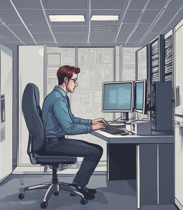 Modern office workspace with computers and cybersecurity visuals on screens.