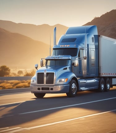 A bright, high-definition photo of a modern Class 8 semi-truck parked at a busy shipping port under clear daylight.