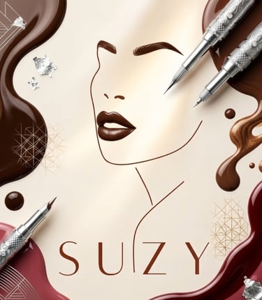 Artistic makeup flat lay featuring liquid eyeliner pens, chocolate lip gloss swirls, and a face outline.