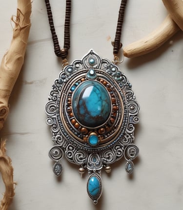 Close-up of a handcrafted macramé necklace with natural stones, styled on a rustic wooden background.