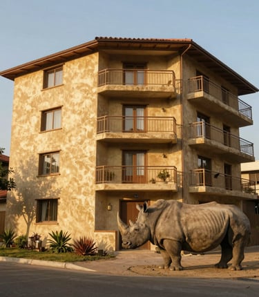 A sleek, modern office space with a subtle rhinoceros sculpture symbolizing strength and stability.