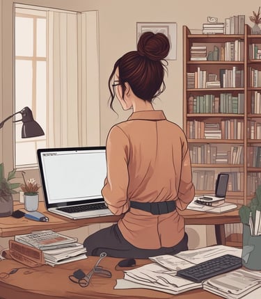 A cozy home workspace with hair tools and a laptop with a women with a messy bun brown