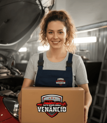Funcionária da Auto Demolidora Venâncio entregando caixa de peças usadas para carro em oficina