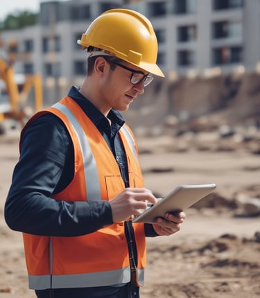 A project manager reviewing a detailed construction schedule on a tablet at a busy building site.
