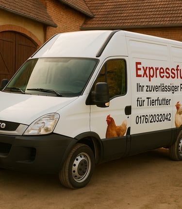 a van with chickens in the yard