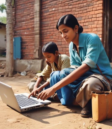 A diverse group of people using digital devices together in a vibrant community center.