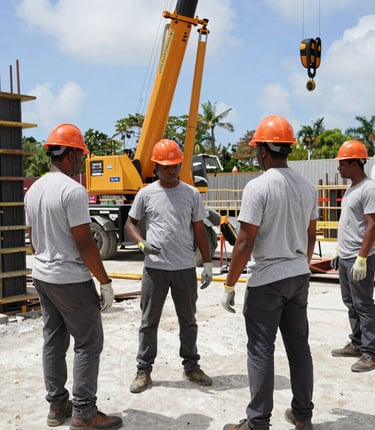 A construction site panel prominently displaying a QR code with workers actively building in the background.