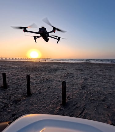Flying near the Horace Caldwell Pier at Port Aransas, Texas