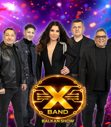 X Band Balkan Show live music group posing with a female vocalist against a vibrant stage backdrop.