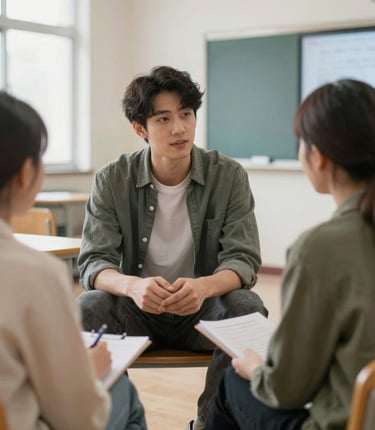 A friendly consultant helping a student with visa paperwork in a bright office.