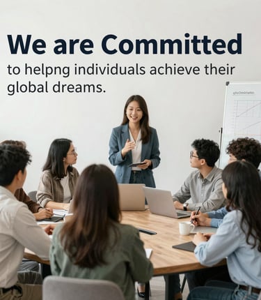A friendly consultant helping a student with visa paperwork in a bright office.