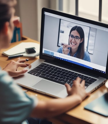 A friendly tutor engaging with a student over a laptop in a cozy, well-lit room.
