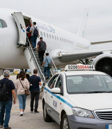 A clean, dark blue hackney carriage parked outside a modern airport terminal under a clear sky.