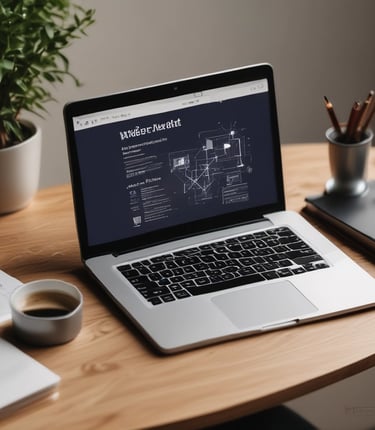 A minimalist workspace with a laptop displaying a clean, nude-toned website design.