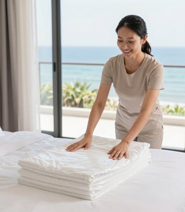 Freshly laundered hotel linens neatly stacked in a bright industrial laundry setting