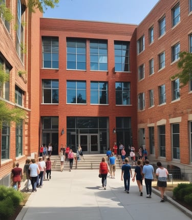 A bright, modern three-story school building on Walnut Street bustling with students and community members.