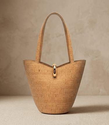 Handmade cork bucket bag with gold hardware and top handle, sustainable vegan fashion accessory.
