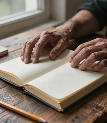Close-up of weathered hands resting open over a worn journal on a rough wooden table, overcast morning light from a window to the left, a pencil resting in the fold, soft shadows across the pages