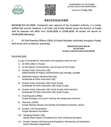 Punjab School Summer Vacations 2026  Official Notification