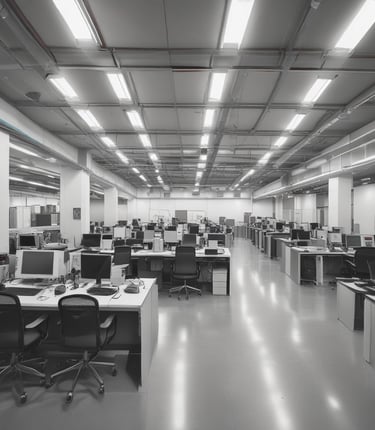 A friendly team collaborating around a laptop in a modern office with navy and electric blue accents.