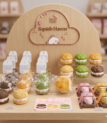 Display of Squish Haven cream puff squishy toys including chocolate, matcha, and original flavors.