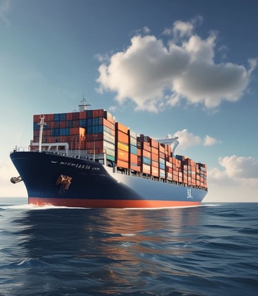 Large cargo container ship transporting colorful freight boxes across the blue ocean under a sunny sky.