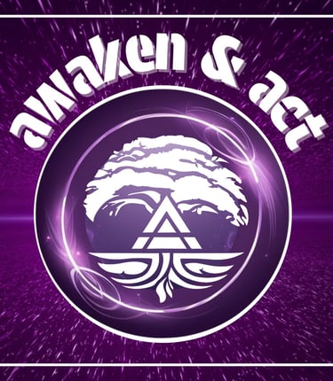 Awaken & Act purple digital graphic featuring a white tree of life logo and geometric symbols.