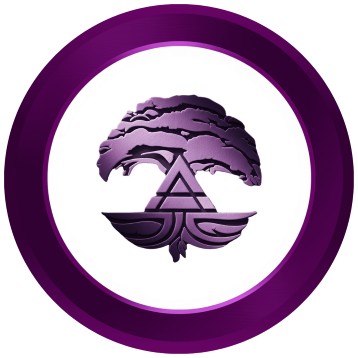 Purple tree of life logo with a geometric triangle symbol in a circular frame.