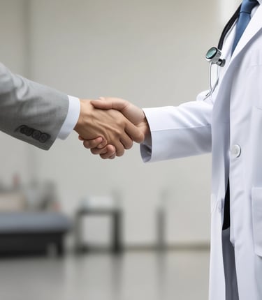 A sleek black and white photo of a healthcare influencer engaging with a fitness brand representative in a modern studio.
