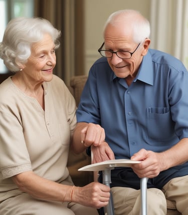 A warm caregiver gently assisting an elderly woman in a cozy living room setting.