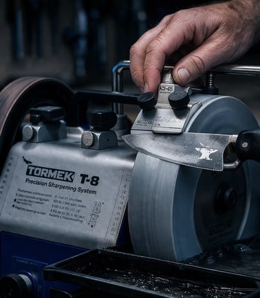 Knife being sharpened on a Tormek T-8 sharpening system