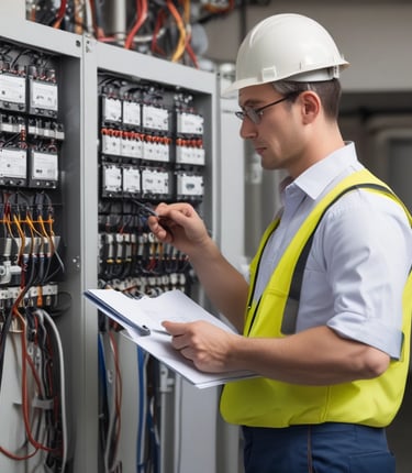 Electrician working on wiring inside a New York City building with safety gear.