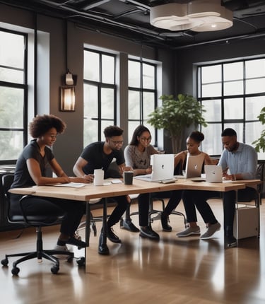 A vibrant team collaborating around computers in a modern Abidjan office.