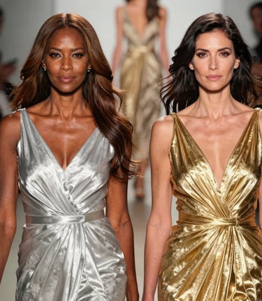Elegant models aged 40 and above confidently walking the runway amid bright stage lights.