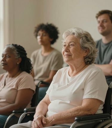 A group of smiling seniors and individuals with disabilities enjoying a sunny park outing together.