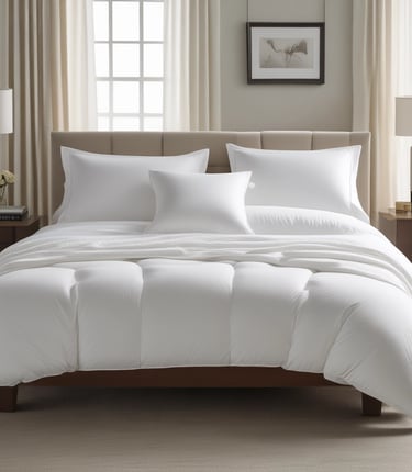 A cozy bedroom scene featuring a plush Fibrotech mattress and pillows bathed in soft natural light.