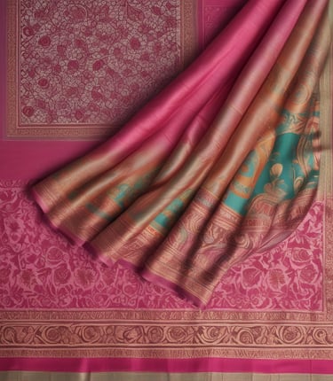 A warm shop interior showing folded silk sarees and a friendly shopkeeper ready to assist customers.