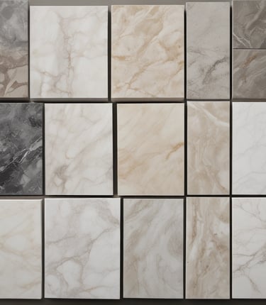 Elegant marble slab display in a bright, modern showroom with natural light highlighting textures.