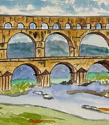 Watercolor painting of ancient Roman aqueduct over river Gard in Provence, France.