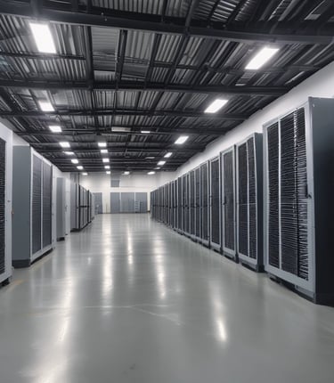 A modern data center aisle featuring rows of high-performance server racks in a secure facility.