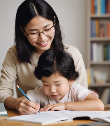 A warm portrait of a smiling mother gently guiding her child with a timer on a cozy beige background.