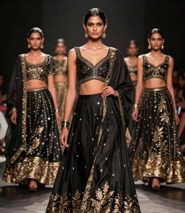 A sleek runway shot bathed in gold light, with models showcasing elegant black and white couture.