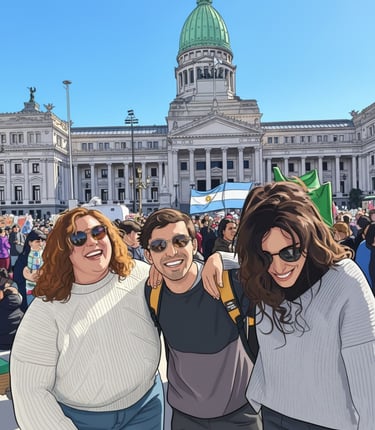 Equipo consultora sonriendo al aire libre frente al Congreso, en un evento multitudinario.