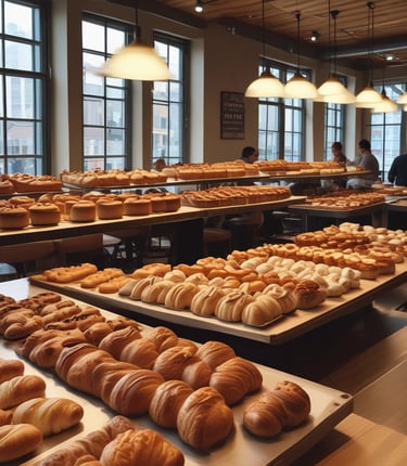 A bright, modern bakery with an assortment of pastries displayed on a wooden counter. Numerous small cream-filled pastries with decorative toppings rest on a metal tray in the foreground. Behind them are various bread and pastry items, including rolls and croissants. In the background, people are seated at tables near large windows, creating an inviting, social atmosphere. Overhead lights add to the cozy ambiance.