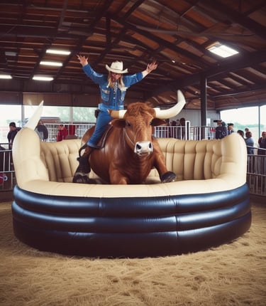 An inflatable slide resembling an underwater theme park sits under a bright blue sky. A plane performing an aerial maneuver leaves a white smoke trail curving across the sky.