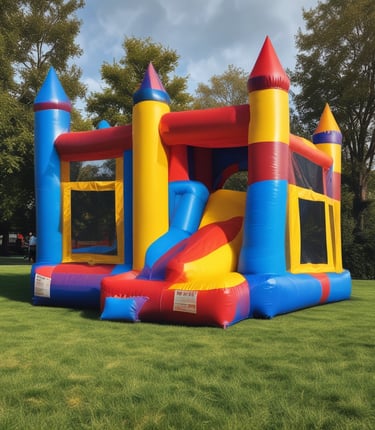 An inflatable slide resembling an underwater theme park sits under a bright blue sky. A plane performing an aerial maneuver leaves a white smoke trail curving across the sky.