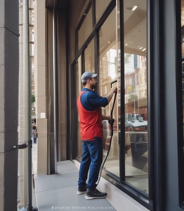 Two window cleaners are suspended by ropes, working on cleaning the glass windows of a tall building. Each cleaner is equipped with tools and a bucket, skillfully moving along the facade with safety harnesses. The building features reflective blue-tinted glass panels, creating a striking geometric pattern.