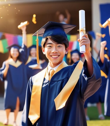 a young boy is holding a diploma after consuming BrainyGrow that helps the studies