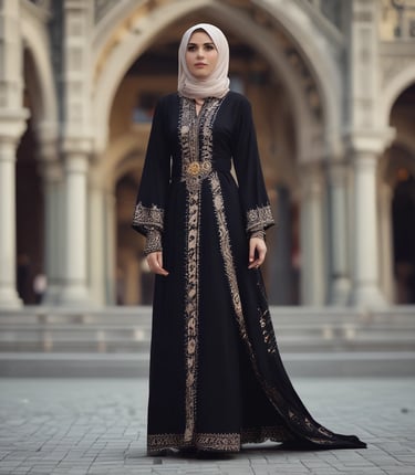 A person wearing a black hijab, long black coat, and sunglasses stands confidently on marble steps. The outfit is accessorized with a black handbag and black boots, creating a bold and stylish appearance. The background is composed of light-colored marble walls, adding contrast to the dark attire.